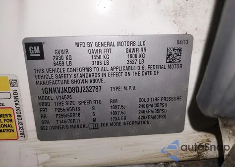 2013 Chevrolet Traverse 2Lt from USA, damaged, VIN 1GNKVJKD8DJ232787